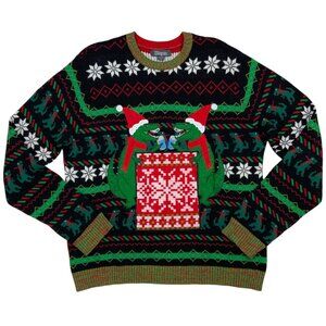 33 DEGREES T-Rex Ugly Christmas Sweater L Drink Pocket Black Fair Isle Holiday